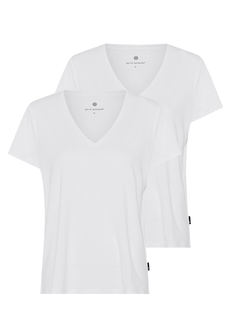 Two white V-neck t-shirts made of soft fabric featuring short sleeves. Simple design with a tag on the side.