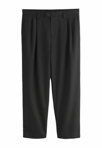Pantalon noir sur mesure avec passants de ceinture, plis sur le devant, poches latérales et coupe à jambes droites.
