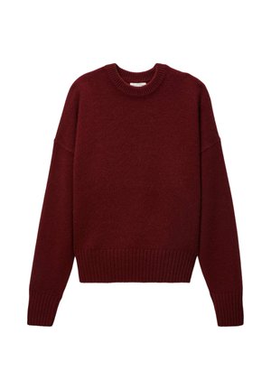 Pull en tricot bordeaux avec un col rond, des épaules tombantes, et des poignets et un ourlet côtelés. Texture douce avec une coupe décontractée.