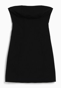 Černé šaty bez ramínek se strukturovaným živůtkem, přiléhavým siluetou a hladkým materiálem. Obsahují švy pro tvarování a rovný lem.