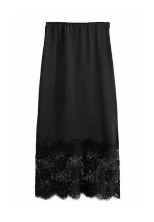 Jupe droite noire avec ceinture élastique et détail festonné en dentelle florale au bas.