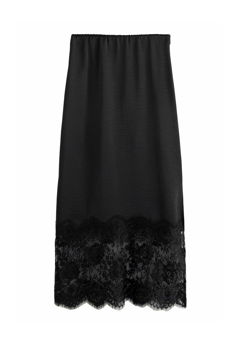 Jupe droite noire avec ceinture élastique et détail festonné en dentelle florale au bas.