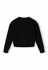Pull noir court avec texture côtelée, manches larges et un col rond subtil. Le matériau semble doux et confortable.
