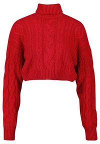 Roter, gekürzter Strickpullover mit hohem Kragen, der dicke Zopfmuster sowie gerippte Bündchen und Saum aufweist, gefertigt aus strukturierter Wolle.