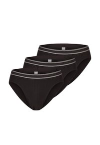 Drei Paare schwarze Baumwollslips mit gerippter Textur, ausgestattet mit einem grauen elastischen Bund mit dezentem Branding.