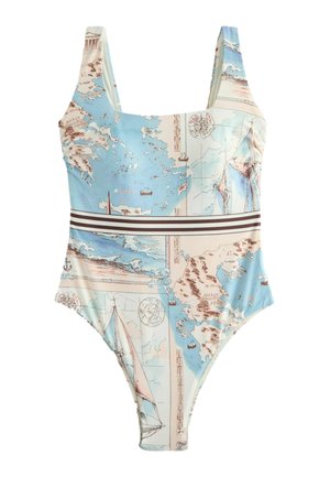 Einteiliger Badeanzug mit Karten- und nautischem Druck in Blau, Beige und Braun, mit gestreiftem Taillenbund und breiten Schulterträgern.