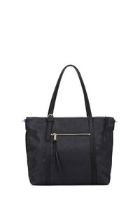 Borsa tote nera con un motivo testurizzato, manici doppi, una tasca frontale con zip e dettagli in metallo dorato. Realizzata in materiale sintetico resistente.