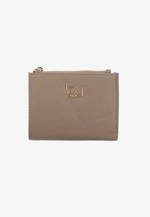 Portafoglio rettangolare color talpa con superficie testurizzata, cerniera dorata sulla parte superiore e logo metallico "by byblos" al centro frontale.