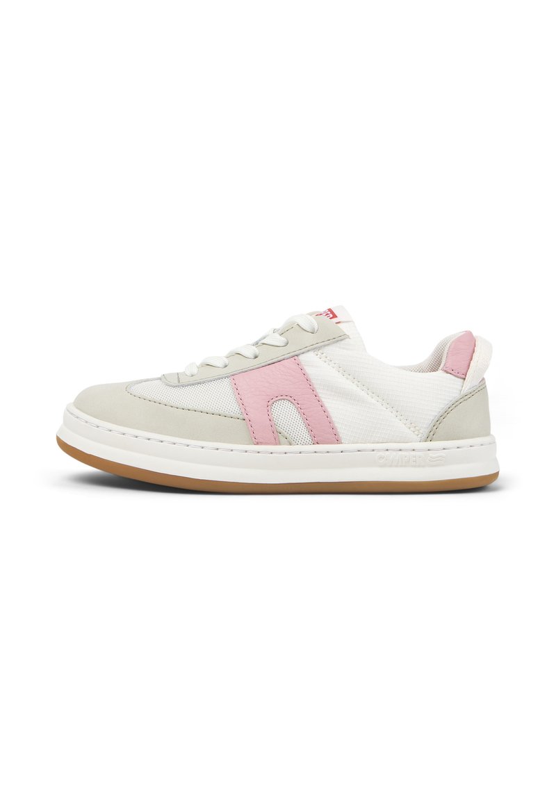 Light grey and pink sneaker with a textured white mesh upper, gum rubber sole, and white stitching. Features laces and logo detail on the heel.