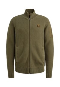 Olivgrüner Zip-Cardigan aus strukturiertem Strick mit gerippten Bündchen und Saum; verfügt über zwei Seitentaschen und ein Patch am linken Ärmel.
