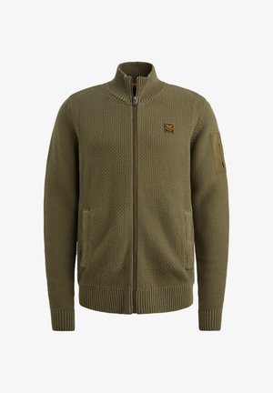 Olivovo zelený zipsový cardigan v štruktúrovanom pletení s rebrovanými manžetami a lemom; obsahuje dve bočné vrecká a nášivku na ľavom rukáve.