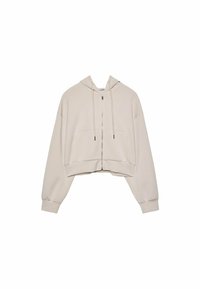 Sudadera corta de color beige claro, fabricada en material suave, con cierre de cremallera, bolsillos frontales y capucha con cordón, además de puños acanalados.