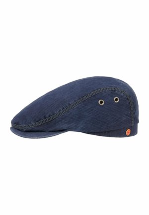 Navy blue flat cap with side ventilation holes and visible stitching, featuring a small round red logo near the brim.