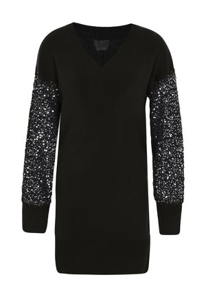 Černý svetr s výstřihem do V a dlouhými rukávy. Rukávy mají černý flitrový design. Hladký žebrovaný lem a spodní okraj. Jemná texture látky.