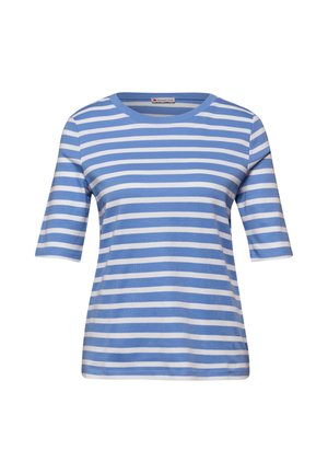 Chemise à manches courtes à rayures horizontales bleues et blanches, avec un col rond et un ourlet droit.