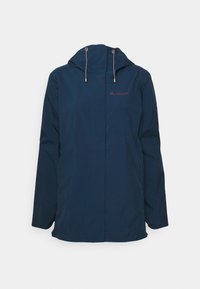 Veste de pluie à capuche bleu foncé avec cordons de serrage, manches longues et petit logo rouge Vaude sur la partie supérieure gauche de la poitrine.
