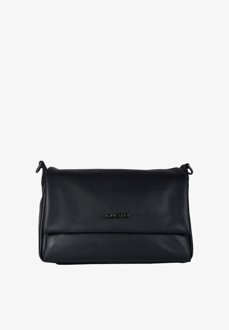 Pochette in pelle nera con una texture liscia, forma rettangolare e chiusura a pattina. Presenta un logo discreto al centro.