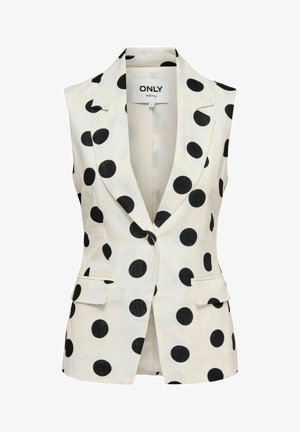Blazer blanco sin mangas a medida con grandes lunares negros, solapas con muesca, dos bolsillos delanteros con solapa y cierre de un solo botón negro.