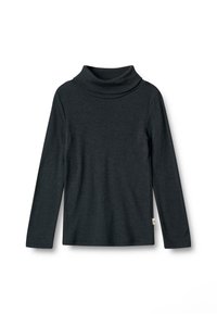 Dunkelgraues, langärmeliges Rollkragenshirt mit umgeschlagenem Kragen und weichem Material. Seitlicher Schlitzdetail am Saum und kleines Etikett unten links.