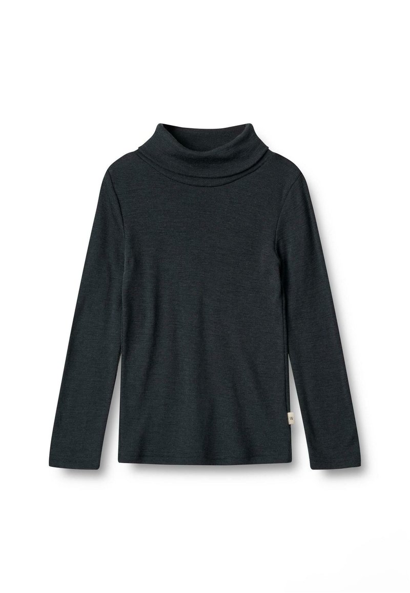 Dunkelgraues, langärmeliges Rollkragenshirt mit umgeschlagenem Kragen und weichem Material. Seitlicher Schlitzdetail am Saum und kleines Etikett unten links.