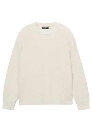 Pull en maille beige clair avec col rond, poignets et ourlet côtelés, et épaules tombantes. Texture douce avec une coupe décontractée.