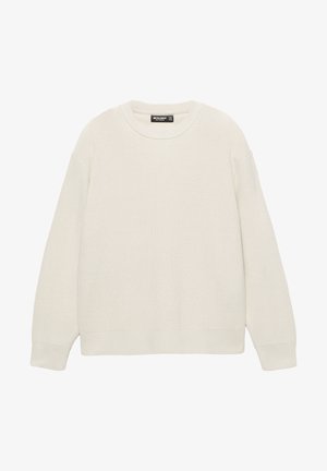 Pulover tricotat bej deschis cu guler rotund, manșete și tiv zimțate, și design cu umeri căzuți. Textură moale cu croială lejeră.