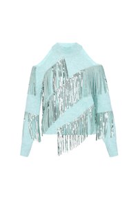 Menta zöld pulóver ezüst flitteres rojt részletekkel. Bordázott nyakkivágással és hideg váll kialakítással rendelkezik. Puha, textúrált anyag.