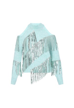 Mintgrüner Pullover mit silbernen Pailletten-Fransen. Verfügt über einen gerippten Halsausschnitt und ein Cold-Shoulder-Design. Weicher, strukturierten Stoff.