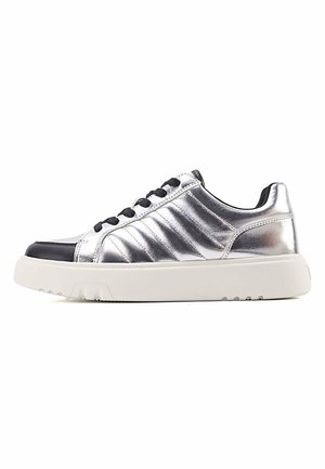 Silver synthetic sneakers with a sleek design, featuring textured side panels, black accents, and a white rubber sole.