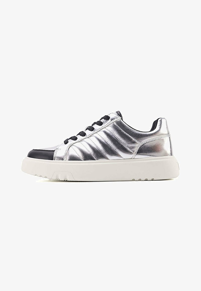 Silver synthetic sneakers with a sleek design, featuring textured side panels, black accents, and a white rubber sole.