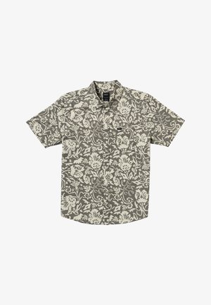 Short-sleeve shirt in gray fabric featuring a white floral pattern. Button-up design with a collar and a small logo on the front.