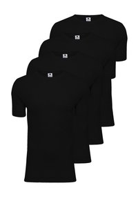 Fire sorte kortærmede t-shirts lavet af bomuld med rund halsudskæring, der har en glat tekstur og ingen synlige mønstre eller accenter.