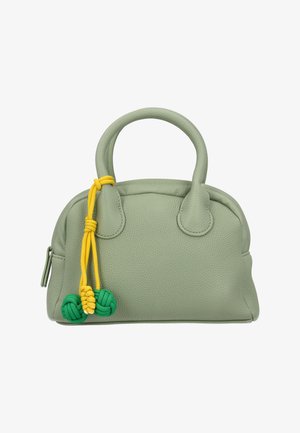Groene leren handtas met een afgeronde vorm, voorzien van twee bovenhandvatten, geelgroene geknoopte accenten en een gestructureerd oppervlak.