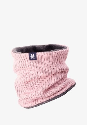 Knitted pink neck warmer with a soft gray inner lining; features a stitched logo patch and a ribbed texture throughout.