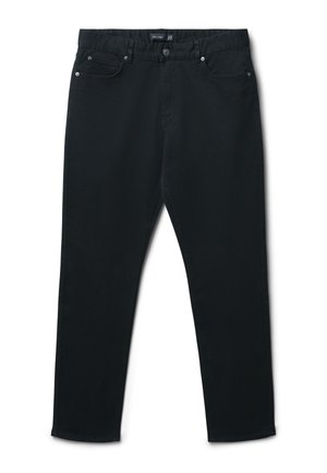 Jean en denim noir avec une coupe droite, cinq poches et une fermeture à bouton. Texture lisse avec des détails de couture minimaux.