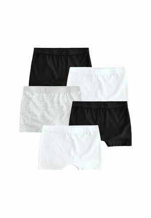 Vijf paren boxers in zwart, wit en grijs katoen met elastische taillebanden gelabeld "NEXT," die een eenvoudige, gladde textuur tonen.
