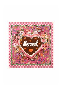 Bruin peperkoeken hart met witte glazuurtekst 'Herzerl', versierd met kleurrijke bloempatronen en kleine hartjes op een roze achtergrond.