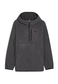 Grau Fleece-Pullover-Hoodie mit halbem Reißverschluss vorne, Kängurutasche und einer Brusttasche mit Reißverschluss. Schwarzes Logo auf der Brust.