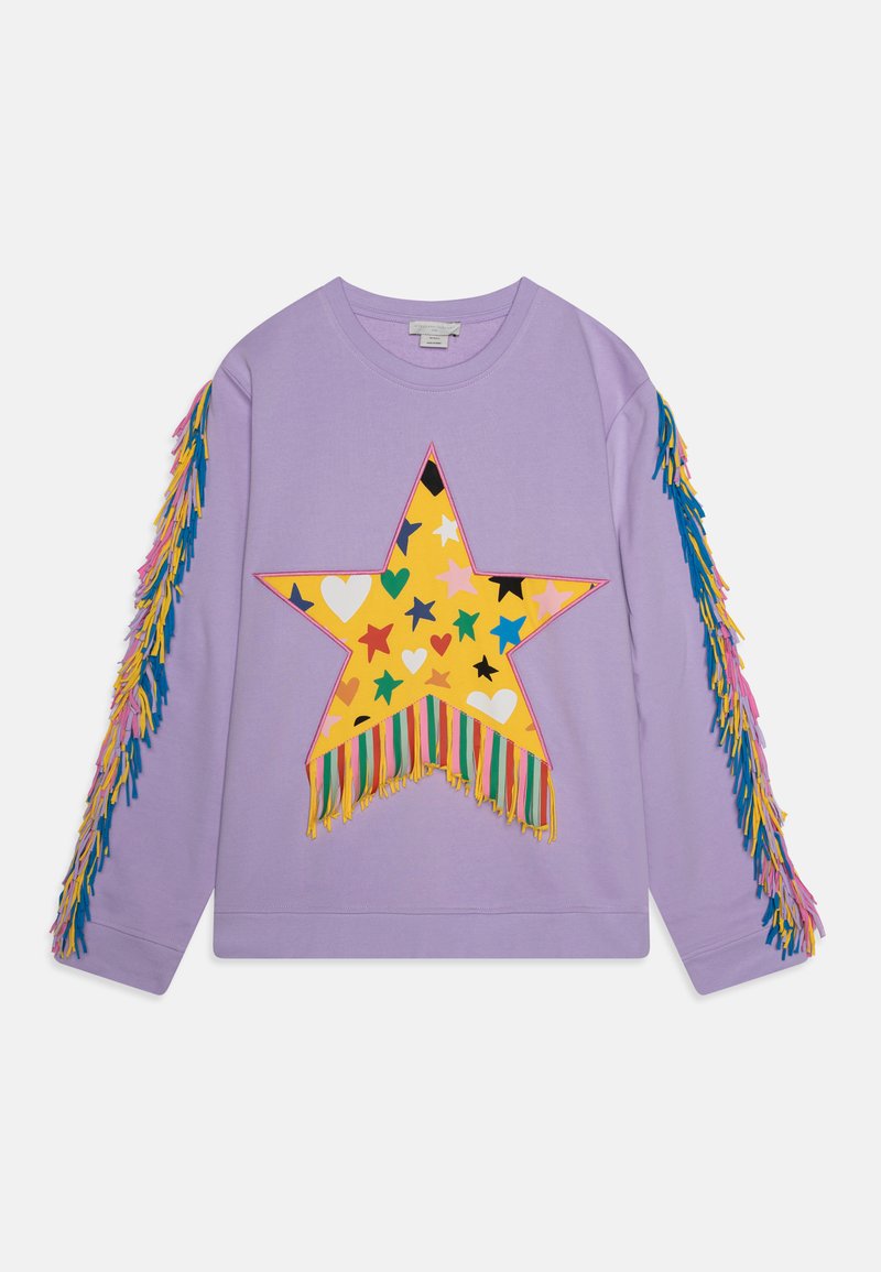 Purple sweatshirt featuring a large star graphic with colorful patterns, fringed accents on sleeves, and a soft texture.