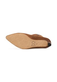 Bruine suède hoge hak met een spitse neus, voorzien van een gladde beige zool en een ritssluiting aan de zijkant. De binnenzool is lichtjes reliëf.