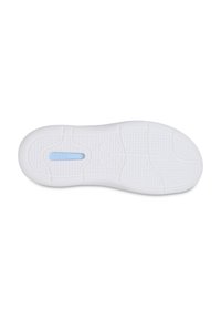 Suela de zapato de goma blanca con superficie texturizada, con un acento azul y un logo. Diseño suave con patrones de suela para agarre.