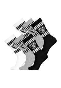 Vier Paar Sportsocken in Schwarz, Grau und Weiß. Jedes Paar hat auffällige Streifen und ein Logo mit Totenkopf- und Knochenmotiven.
