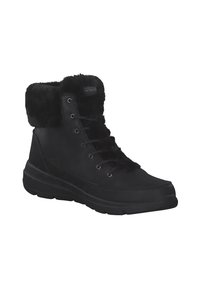 Botas negras de invierno con un cuello de pelo sintético, cordones en la parte delantera y parte superior de cuero texturizado. Incluyen una suela acolchada para mayor comodidad.