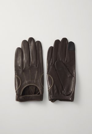 Brune lærhansker med en glatt tekstur, som har et utskåret detalj, dekorativ søm, og en fingertopp som er kompatibel med berøringsskjerm.