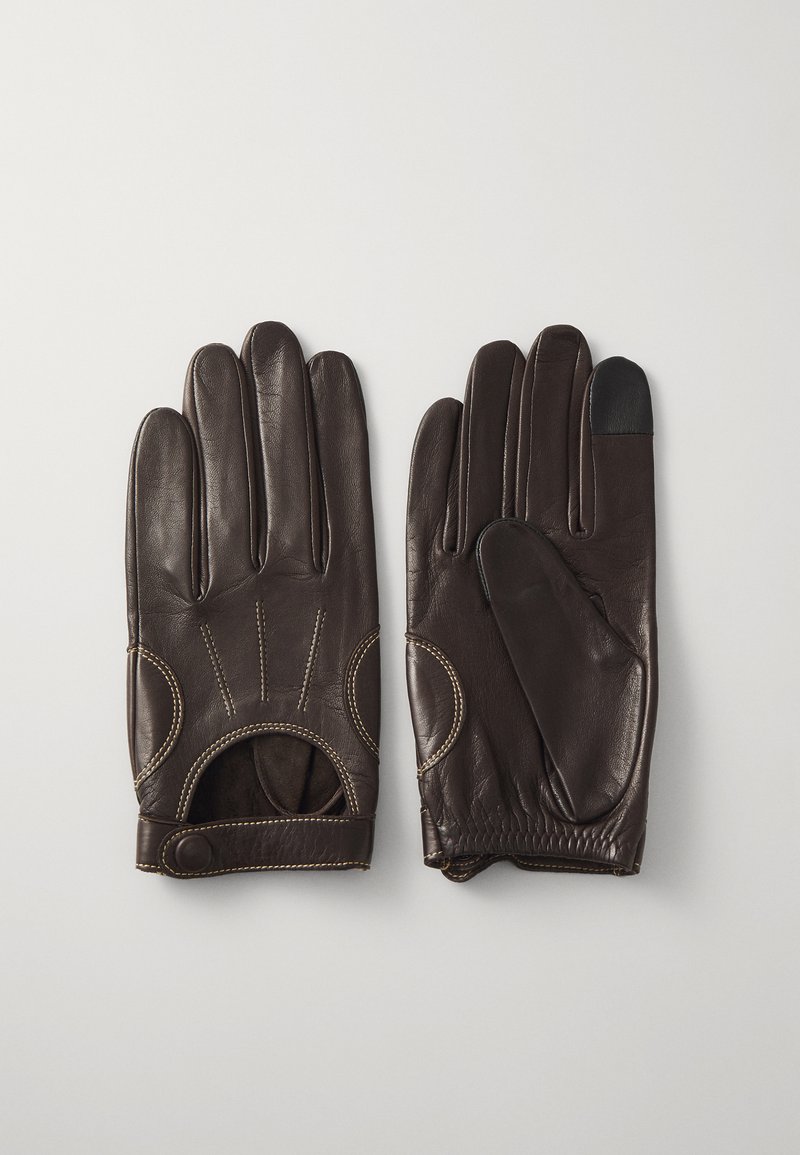 Barna bőr kesztyűk sima felülettel, kivágott részlettel, díszvarrással és érintőképernyővel kompatibilis ujjal.