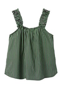 Grön och svart randig ärmlös topp med volangaxlar, löst snitt, tillverkad av lättviktsmaterial, med vertikala linjer.