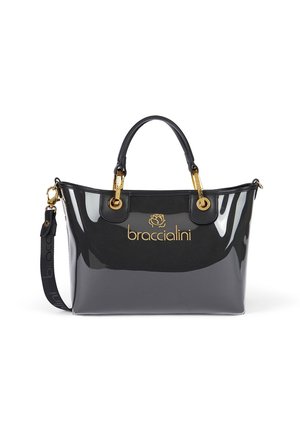 Schwarze Patent-Leder-Tote mit goldenen Beschlägen, mit Logo-Print und zwei Griffen sowie einem verstellbaren Schultergurt.