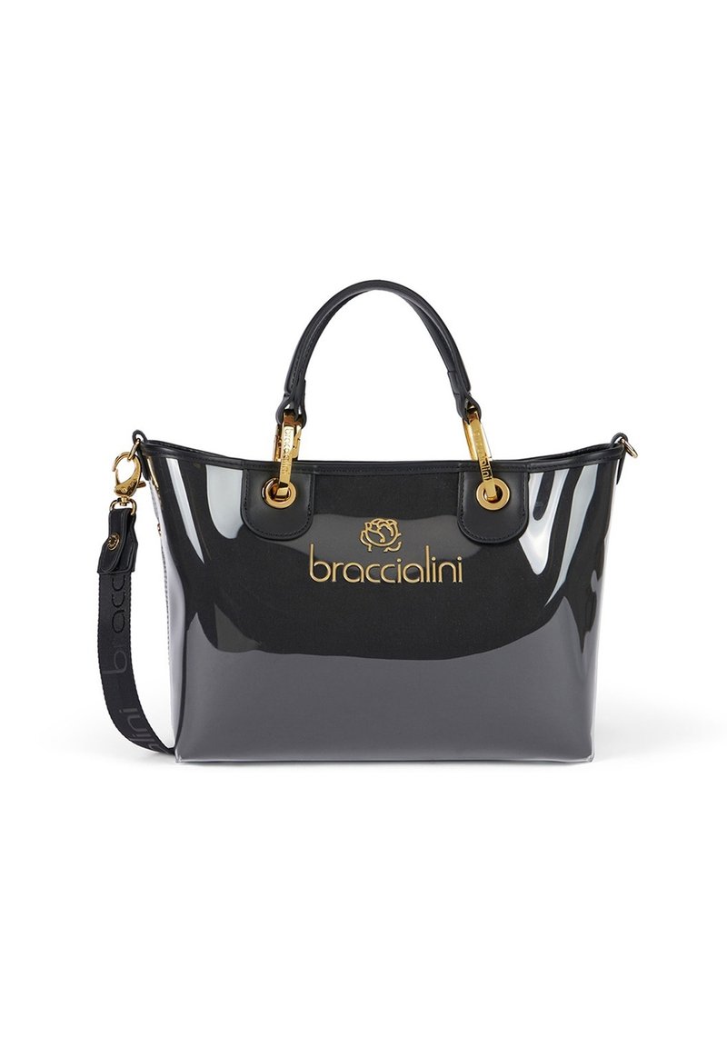 Borsa tote in pelle lucida nera con hardware dorato, dotata di stampa con logo e doppi manici, oltre a una tracolla regolabile.