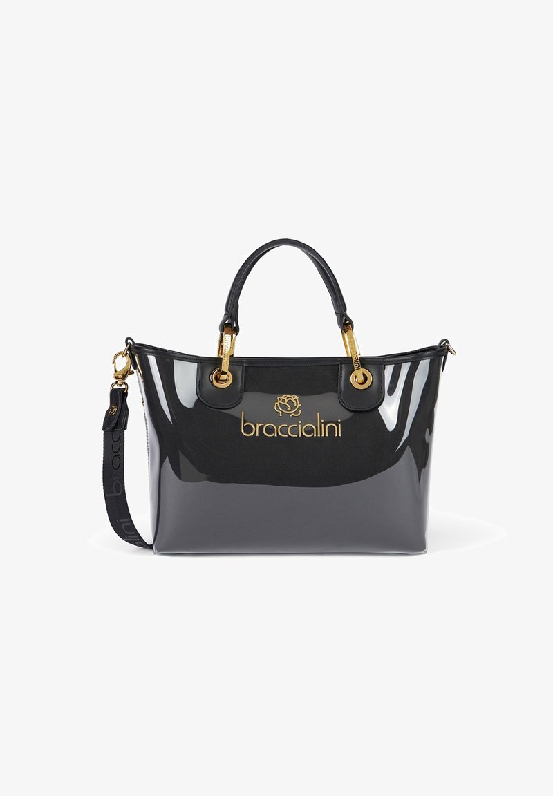 Borsa tote in pelle lucida nera con hardware dorato, dotata di stampa con logo e doppi manici, oltre a una tracolla regolabile.