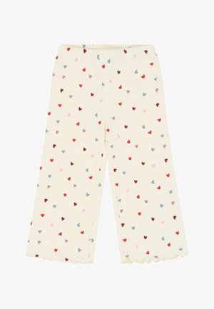Crèmekleurige broek met wijde pijpen en een elastische tailleband, versierd met kleine rode, roze, blauwe en bordeauxrode hartjespatronen.